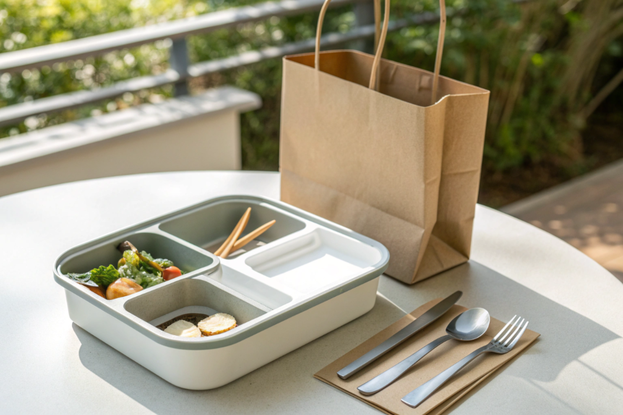 Boîte repas à emporter près d’un sac en papier