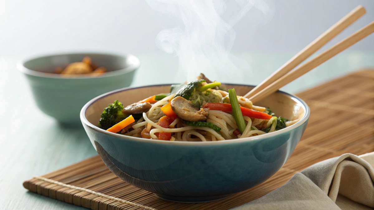 Bol de nouilles et légumes en style éditorial