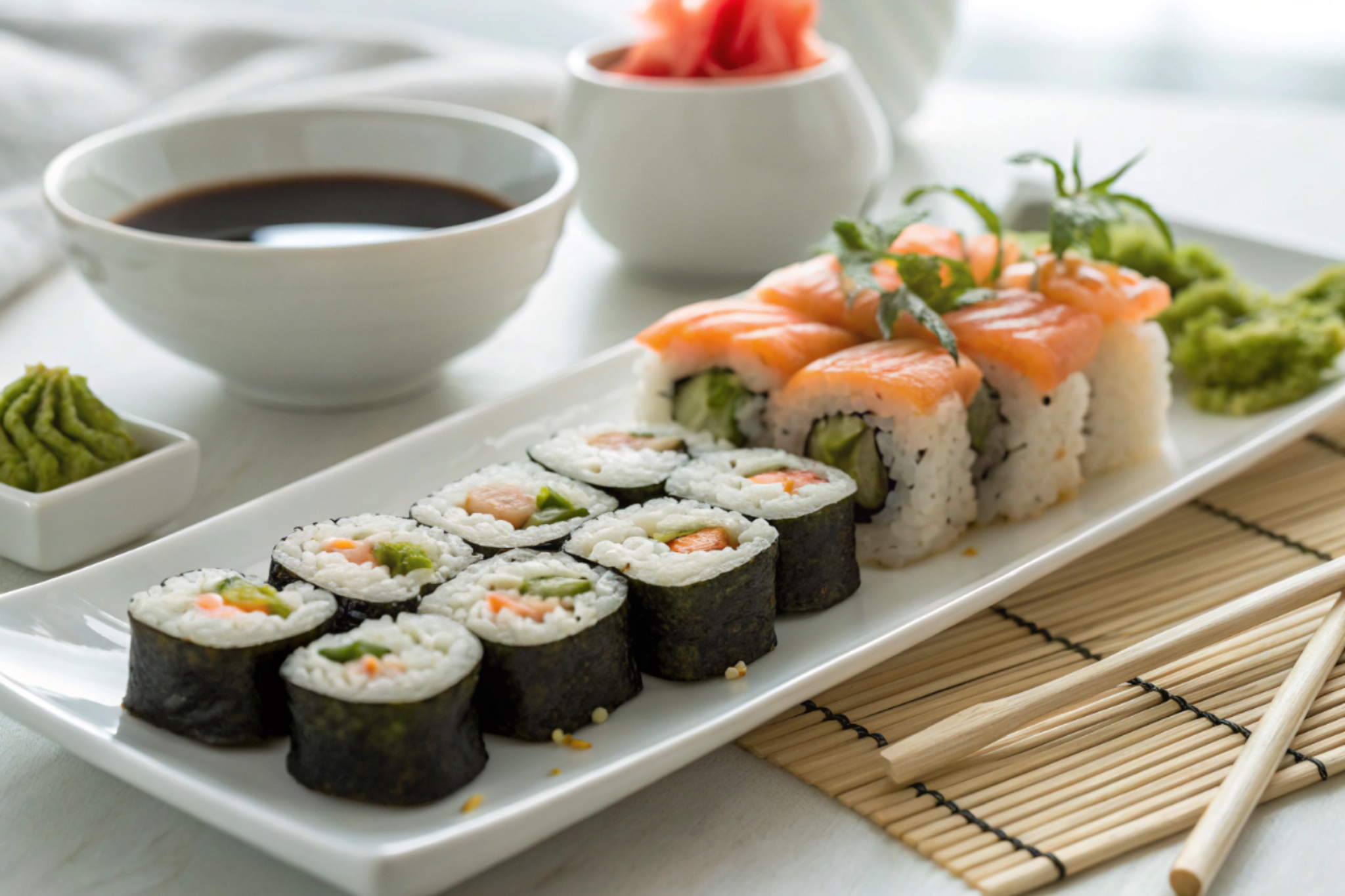 Assortiment de sushis et makis sur une assiette claire